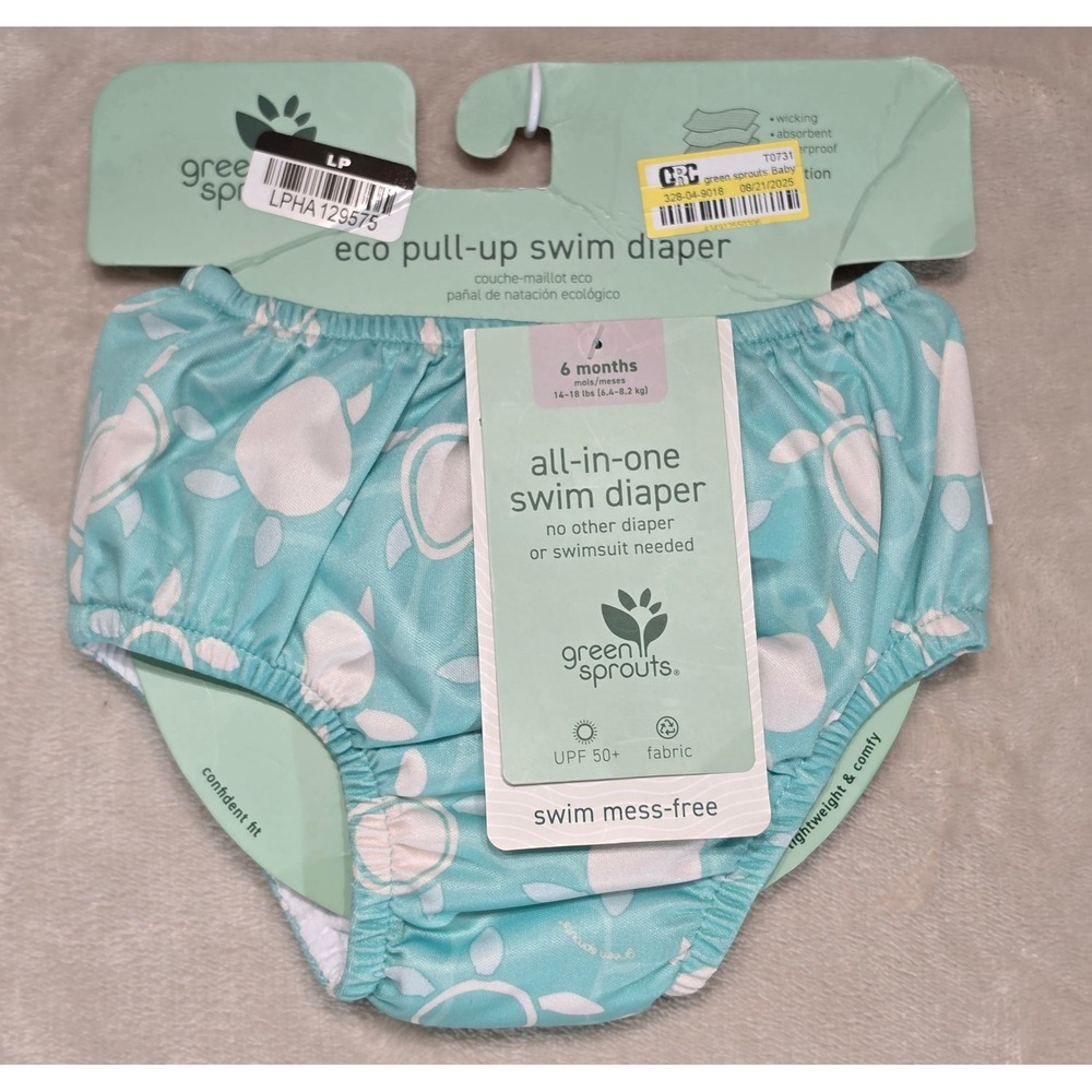 Green Sprouts Teal‎ Turtle Eco Pull-Up Swim Diaper 6 Months UPF 50+ Reusable